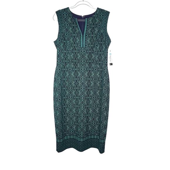 ADORNE Tatum Scuba Knit Midi Sheath Dress Sleeveless Printed Teal Green 12 NWT - Picture 2 of 9